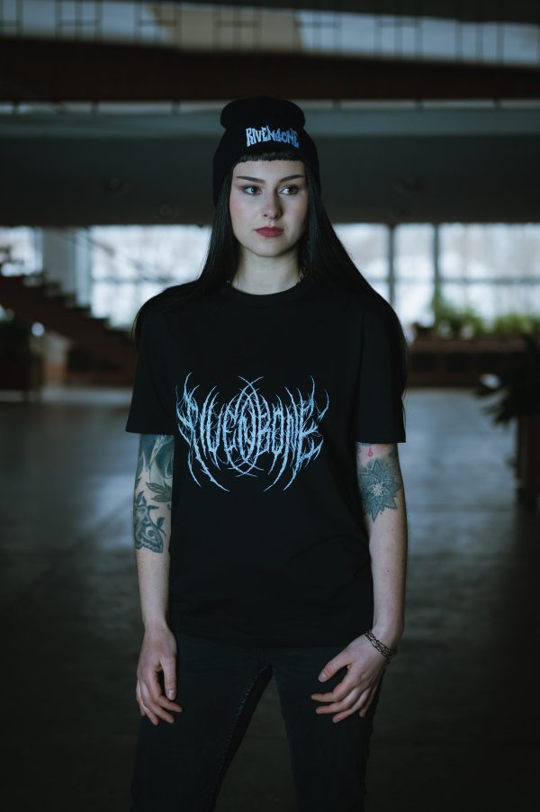 Black unisex organic cotton t-shirt with printed Rivenbone logo in metal band style.